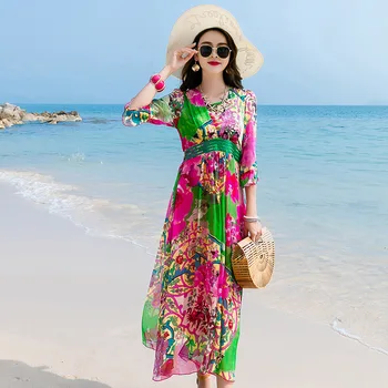 

silk dress 2019 spring summer women long casual sexy chiffon beach dresses bohemian plus large size boho green floral elastic