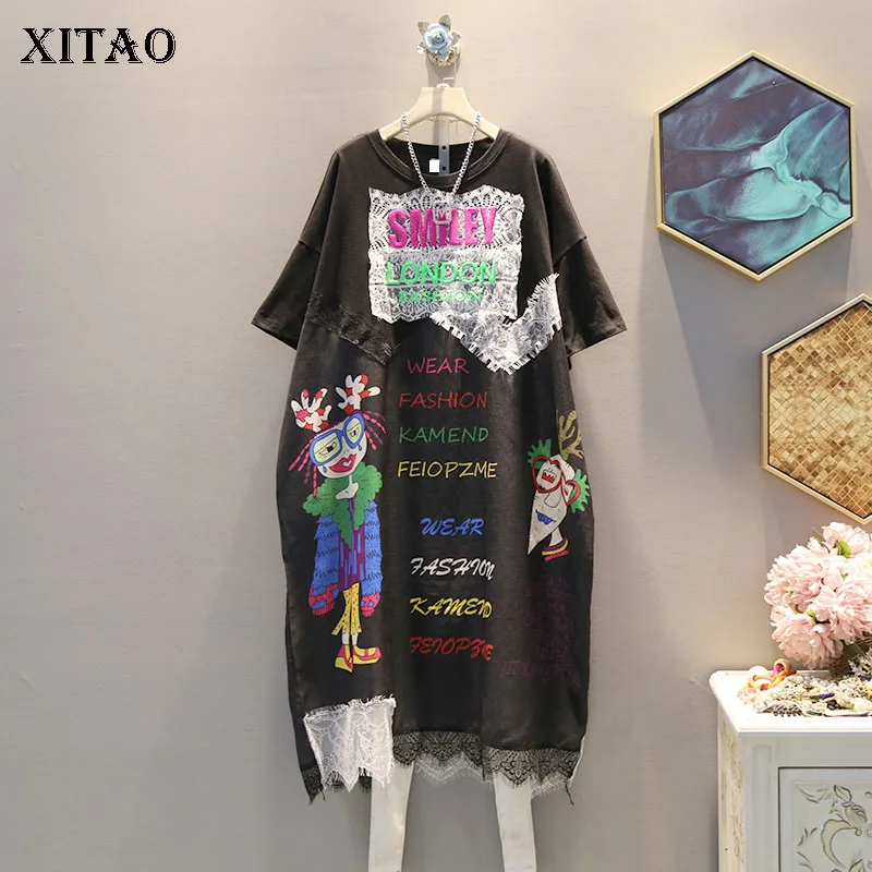 XITAO/платье с буквенным принтом женская одежда 2019 пуловер круглым вырезом подол