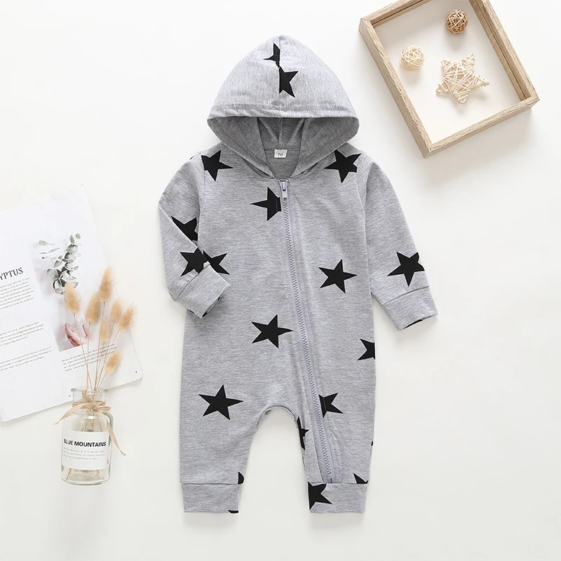 

2019 spring and autumn hot baby boy clothes Star pattern cotton hooded romper boy gray long sleeve one-piece romper single piece