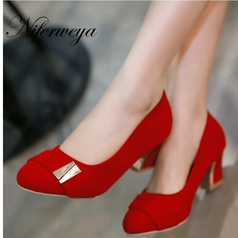 

Hot sale!Big size 30-52 Spring/Autumn women shoes Fashion Round Toe suede pumps Metal decoration Slip-On High heels HQW-218