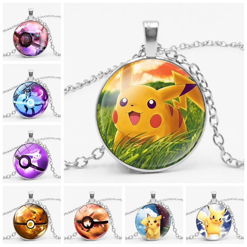 

2019 Cartoon Anime Game Cute Pikachu Pokemon Charm Glass Convex Round Pendant Necklace Jewelry Children Birthday Gift