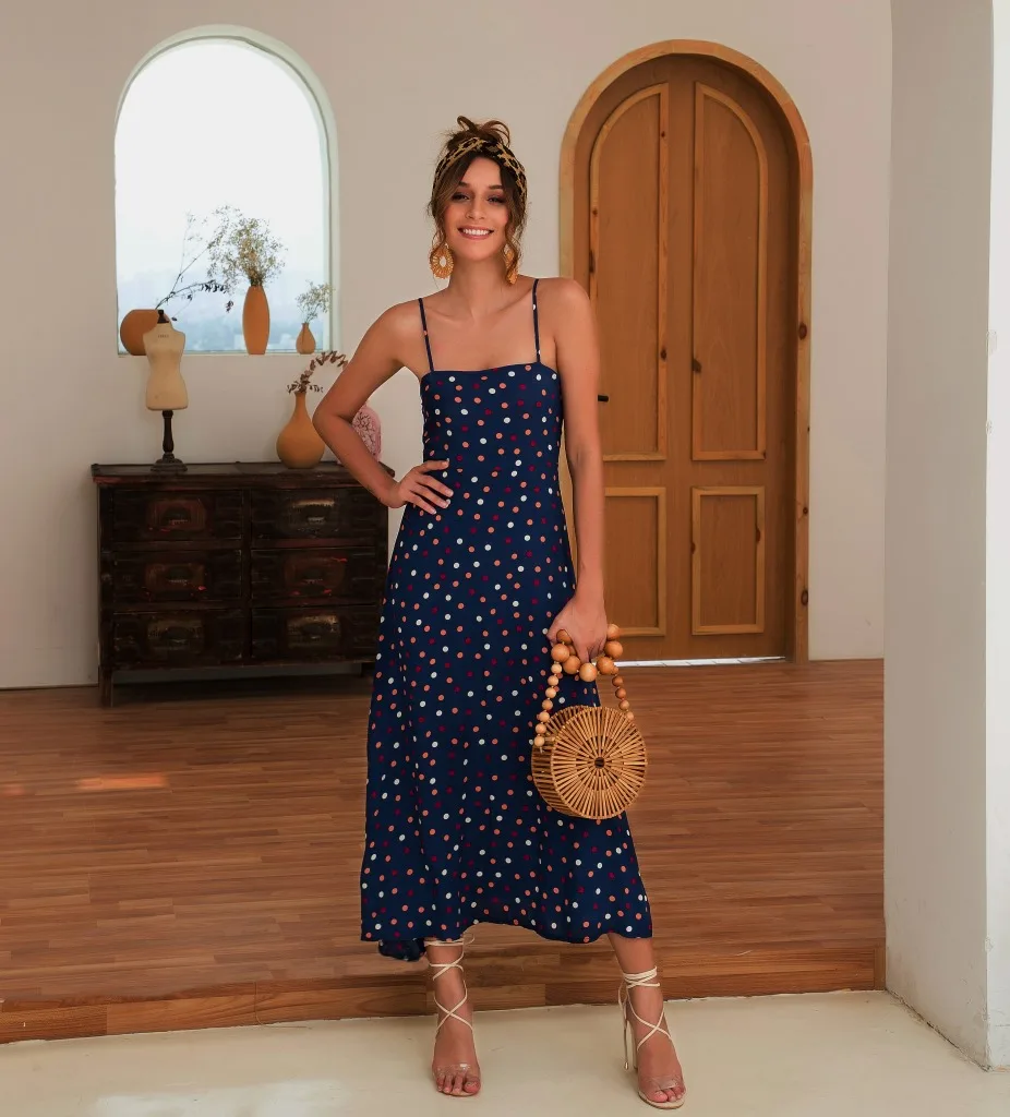 

Women polka dot dress long Navy sexy summer beach dress midi Sling sukienki damskie vestidos largos de verano moda mujer 2019