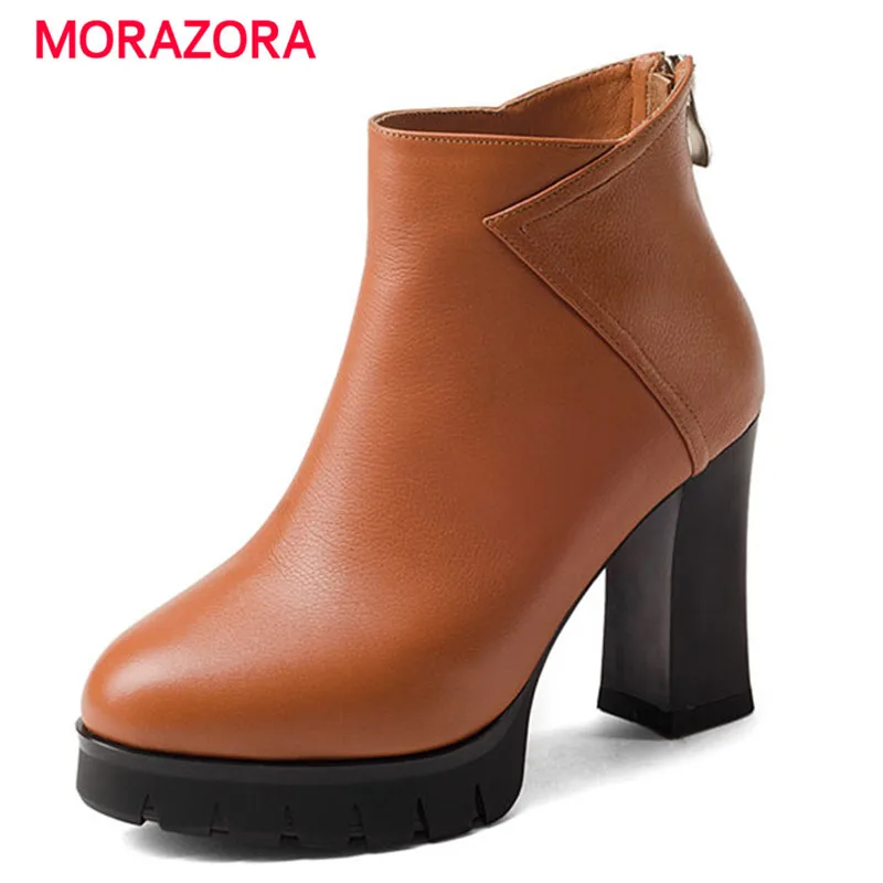 

MORAZORA 2018 new autumn winter round toe platform boots fashion genuine leather boots super high heel ankle boots for women