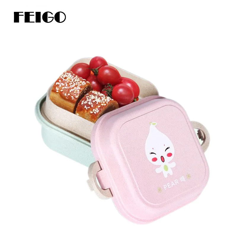 

FEIGO Cute Pattern Wheat Straw Bento Lunch Box Children Baby Snack Box 2 Layers Lunch box Portable Microwave Food Container F526