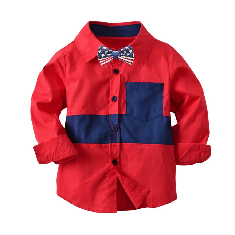 В красном и синем цветах, весенний комплект одежды для детей с изображением в стиле пэчворк длинный рукав; пуговицы на шнуровке, с бантом, хлопковая блузка, рубашка, Топ - Цвет: 140