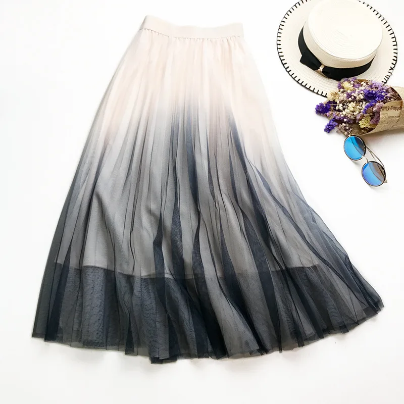 

New Arrival Summer Skirt Fade Color Pleated Skirt Long Mesh High Waist Skirt Women Faldas Mujer Moda 2019 Kawaii