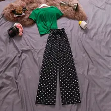 HISUMA, летняя новинка, женская футболка с круглым вырезом и коротким рукавом из чистого хлопка, высокая талия, шифоновые широкие штаны в горошек, костюмы, женский комплект из двух предметов