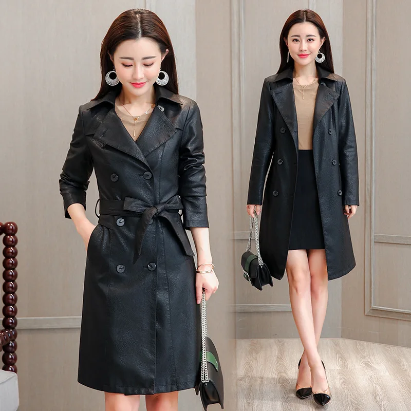 2019 Noir Mince Femmes Breasted Élégante Ceinture Vestes Manteau Dames Lxunyi Mode En Automne Tranchée Plus La Cuir Longue Double Taille dn80qH