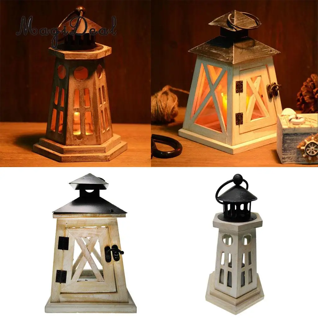 Wooden Lighthouse Light Tower Candle Holder Tea Light Lampshade Tabletop Decor Ornament Carved Handcraft	