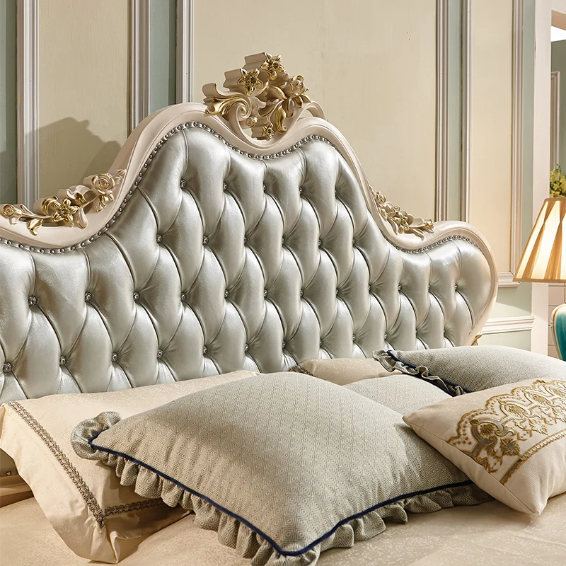 Luxury European and American style French Solid Wood Wedding Bed, Leather Bed With Beside Tables Luxury European and American style French Solid Wood Wedding Bed, Leather Bed With Beside Tables
