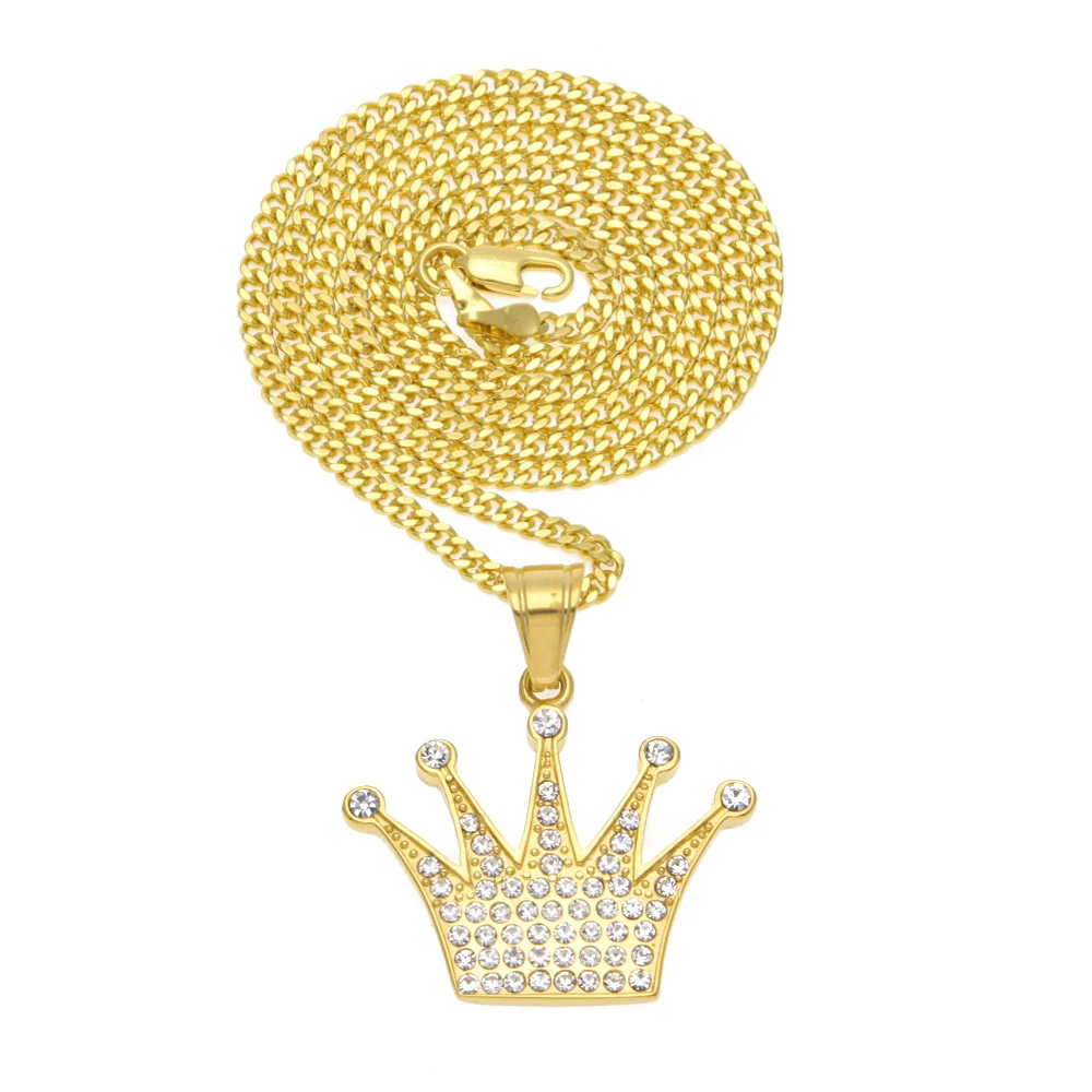 Нержавеющая сталь золото Цвет изысканный Шарм Императорская Корона Стразы кулон с бесплатным 24 дюймов кубинской Одежда высшего качества Цепочки и ожерелья