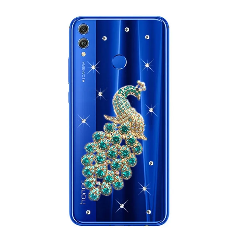 

For Honor 8X 6.5" OTA Android For Honor 8C 8S Phone case Huawei Y9 2019 Y7 Prime Y6 Pro Y5 2019 peacock clear diamond back cover