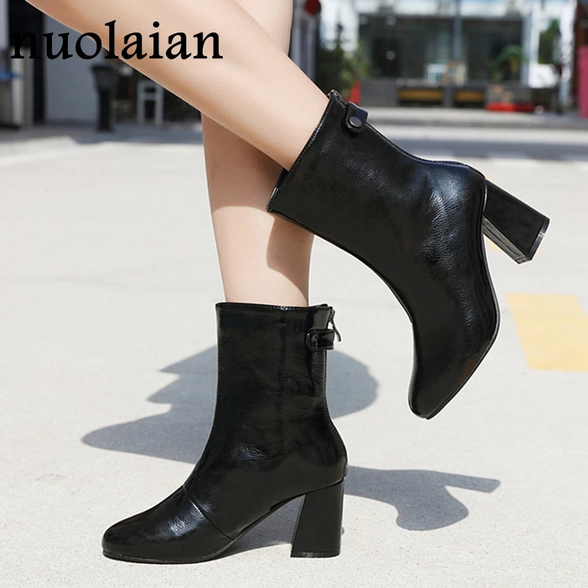 womens black patent leather ankle boots