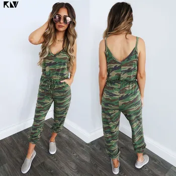 

KLV Women Camo Print Strap Jumpsuit V Neck Lace Up Summer Pocket Jumpsuits Sleeveless Rompers Overalls