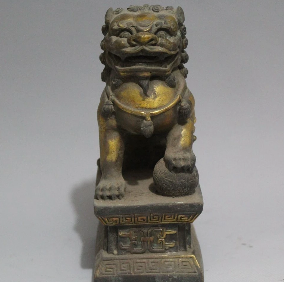 

7" China Bronze Gild Animal Fengshui Foo Fu Dog Guardion Lion sculpture Statue