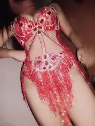 Красный кисточкой сексуальные стразы бюстгальтер Короткие комплект костюм кристаллы бикини Show певица этап Glister одежда для сцены