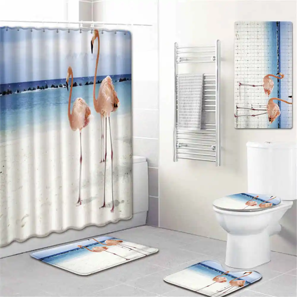 5 шт./компл. 3D Фламинго набивным рисунком душ Шторы ковер крышка Крышка для унитаза, коврик для ванной, набор Ванная комната Шторы s