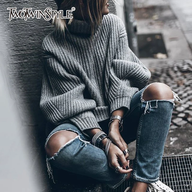 TWOTWINSTYLE трикотажные топы женские свободные с длинным рукавом Водолазка женский