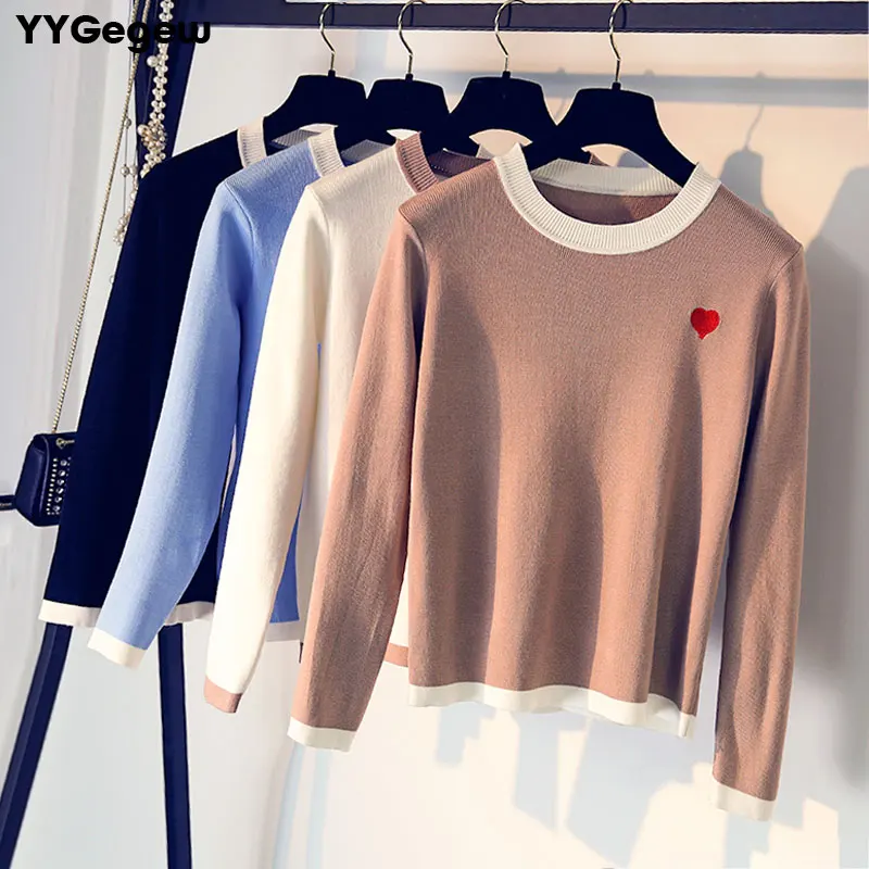 

Spring Autumn Knitted Women Sweater chic Casual long sleeve Pullover Jumper O-Neck Outwear Embroidery Heart Shape Female Sweater