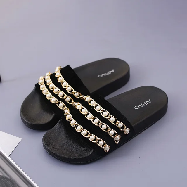 brand designer gold chain slippers women flat heel velvet sandals ...