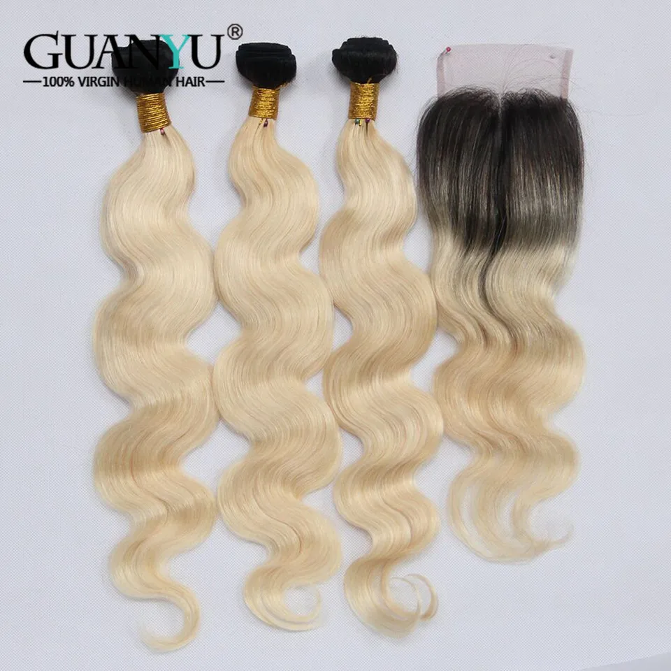 Guanyuhair Remy 1B/613 Омбре бразильские волнистые волосы пряди с закрытием 2 тона черные