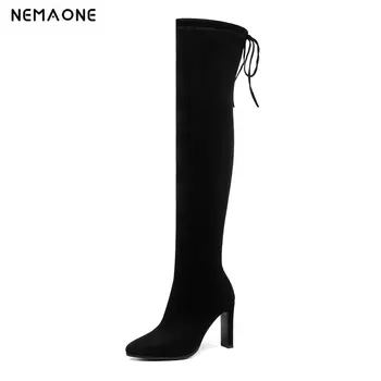 

NEMAONE New Flock Leather Women Over The Knee Boots Lace Up Sexy High Heels Autumn Woman Shoes Winter Women Boots Size 34-43