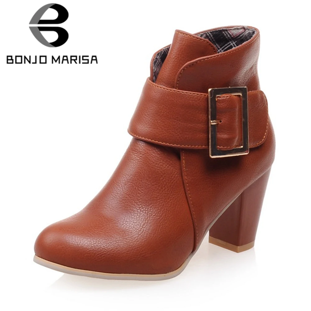 

BONJOMARISA New Square High Heels Belt Buckle Shoes Woman Casual Party Office women's Autumn Winter Ankle Boots Plus Size 31-48