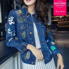 Весенняя Новая женская модная брендовая Свободная джинсовая куртка тяжелая промышленность расшитая Блестками Короткая ковбойская куртка wj319