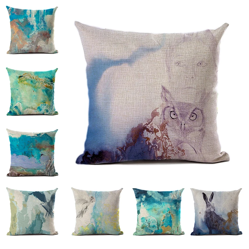

Ink Style Cushion Cover Linen Polyester Mountain Birds Rabbit Abstract Scenery Decorative Pillowcase for Sofa Home Decor 45x45cm