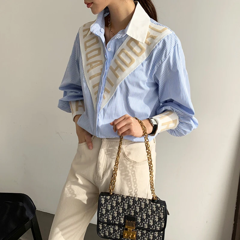 Femmes surdimensionné manches longues rayures et motif floral brodé Boutonné Chemise Chemisier
