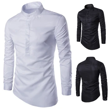 

2018 New Mens Black White Cotton Stand Collar Irregular Slim Shirts