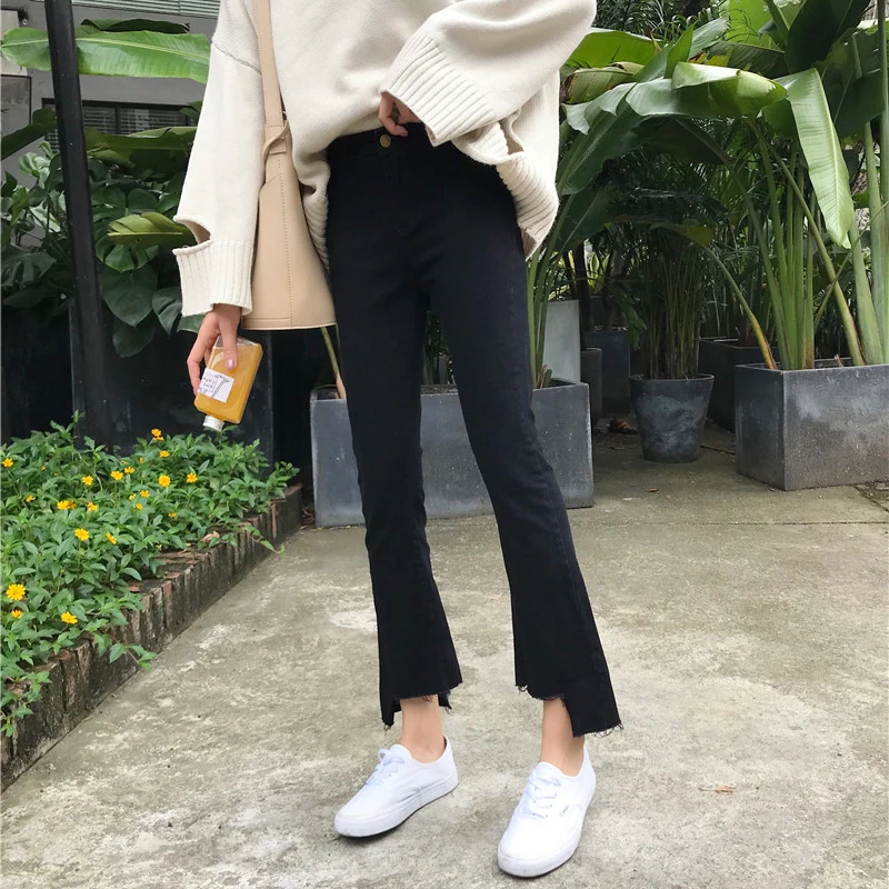 

Mihoshop Ulzzang Korean Korea Women Fashion Clothing 2017 New High Waist Irregular Casual Basic Black Denim Jeans Pants