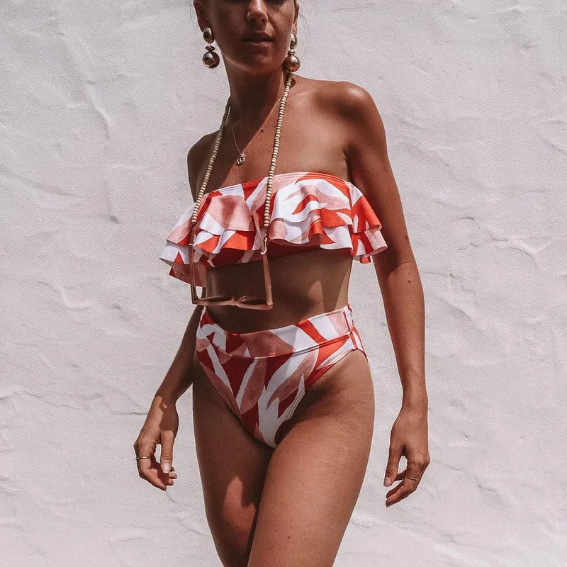 

Hot Ruffle Bikinis 2019 Mujer Geometric Print High Waist Bikini Tube Top May Women Separate Swimsuit Female Swimming Suit Badpak