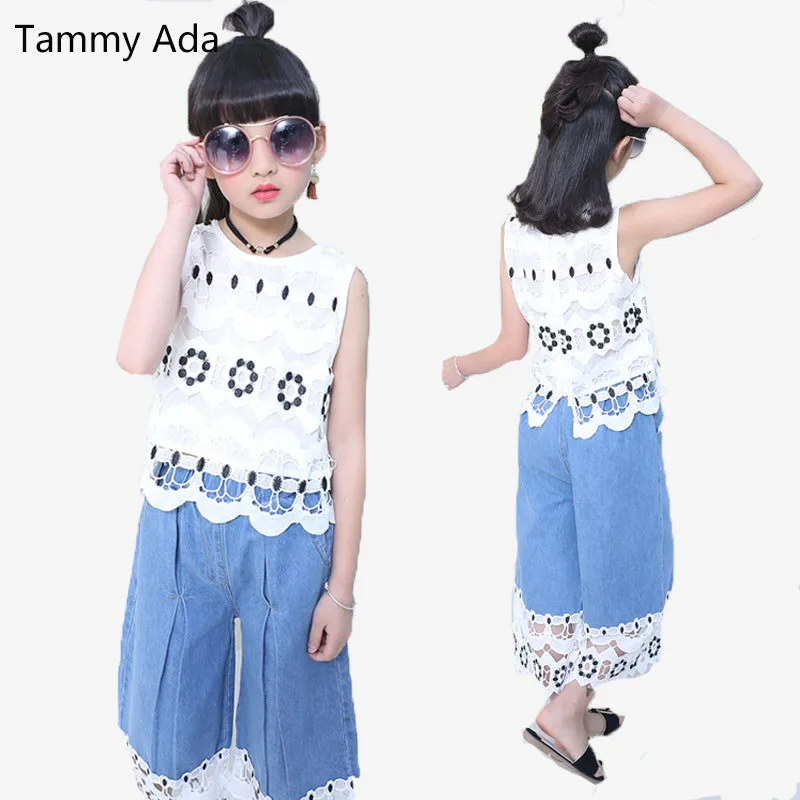 

Tammy Ada Girls Sets Fashion Sleeveless Summer Sets Korea Kids Clothes Children Outfits Shorts T-shirts +Width Jeans 2pcs Suits