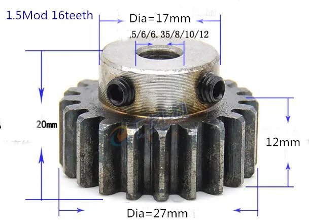S15/12B 1.5 Mod x 12 Tooth Metric Spur Gear in Steel 