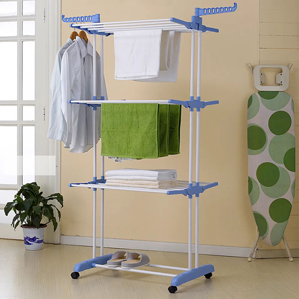 

100% New High Quality Fashionable three-layer foldable and movable clothes rack Hang lever Super Weight Bearing 2019 Hot Sale