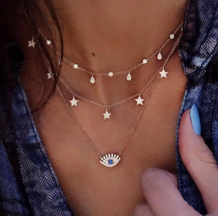 

Bohemia Multi Layer Charm Necklace Chain Turkey Blue Evil Eye Pendant Necklace For Women Fatima