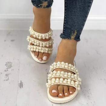 

Summer Women Pearl Flat Slippers Slides Female Home Cork Platform Sandals Ladies Casual Flip Flops Comfort Shoes Plus Size