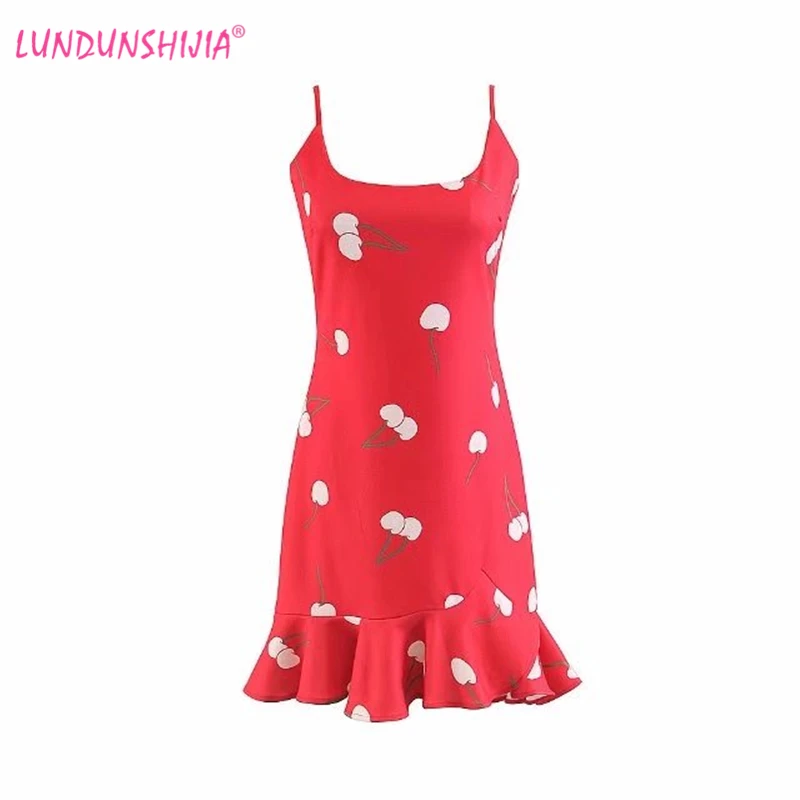 

LUNDUNSHIJIA 2018 Summer Spaghetti Strap Sleeveless Dress Red Cherry Printed Dress Women Fashion Sexy Party Lotus Leaf Dresses