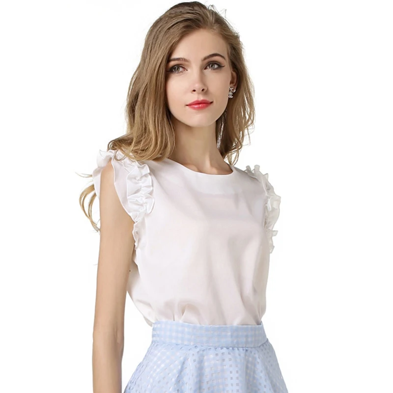 2016 Women's O neck Chiffon Vest shirts white Casual blouses sleeveless