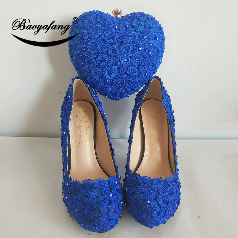 BaoYaFang zapatos de plataforma con forma de para mujer, femeninas con diseño de flores de cristal azul real, zapatos de boda, zapatos novia, bolsos a juego|Zapatos de tacón de