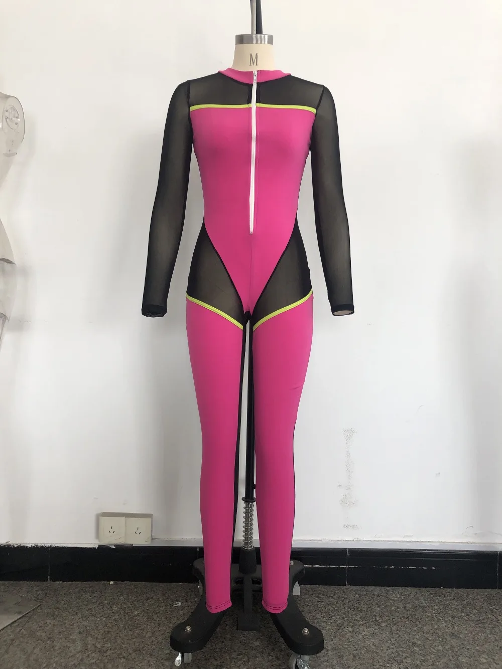 Tsuretobe Bodycon Sheer сетчатый комбинезон Для женщин с длинными рукавами в стиле пэчворк комбинезон на молнии Женская мода перспектива сексуальная боди тонкий