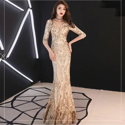 Модное Золотое длинное платье длиной до пола с v-образным вырезом и рукавами три четверти, с пайетками, на шнуровке, элегантное вечернее платье - Цвет: Слоновая кость
