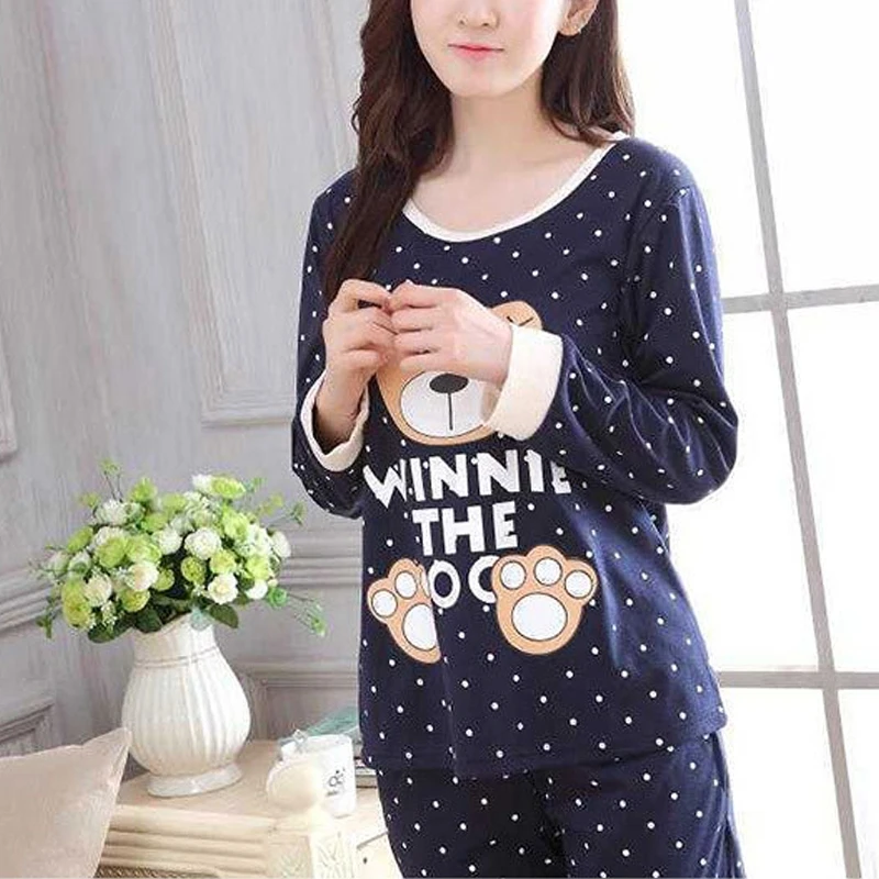 

Lady Girl Women Long Sleeve Winter Cute Bear Print Wave Point Pajamas Set Sleepwear Tops And Pants Fashion New Dark Blue Warm