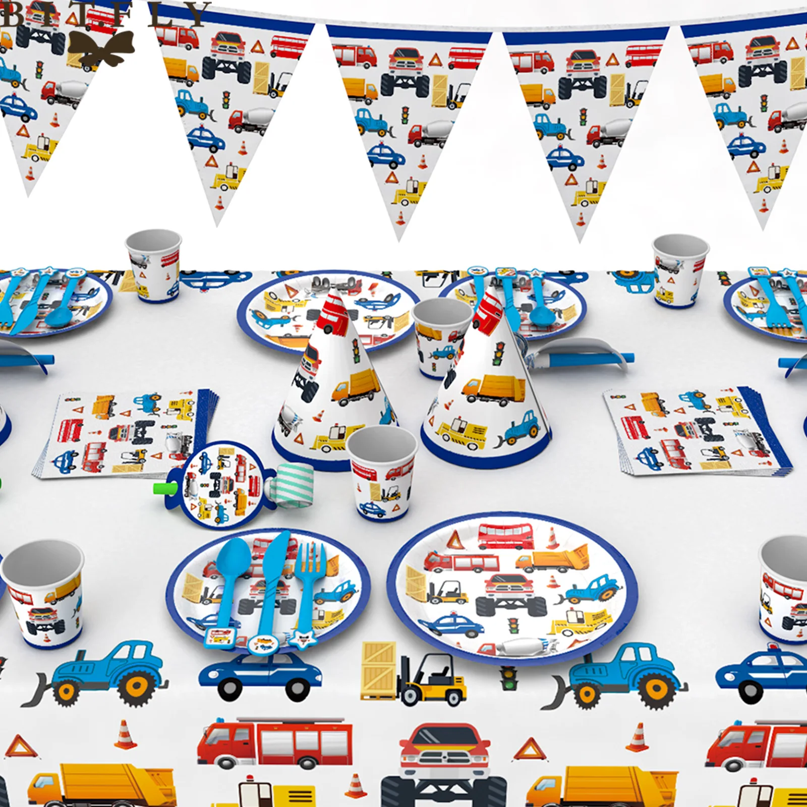 Construction Engineering Vehicle Cars Disposable Tableware Set Paper Plates Cup Banner Tablecloth For Kids Birthday Theme Party