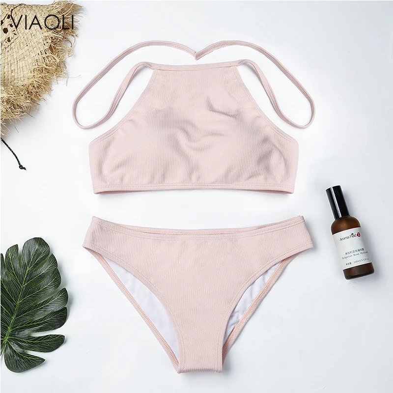 

Pink Ribbed Textured Bikini Set 2018 Women High Neck Summer Beacher Biquni Swimwear High Cut Bathing Suit Swimsuit Girl Backless