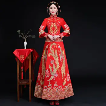 

High Quality Luxurious Women Embroidery Phoenix Cheongsam Classic Red Hanfu Qipao Chinese Bride Wedding Dress Tang Top&Skirt Set