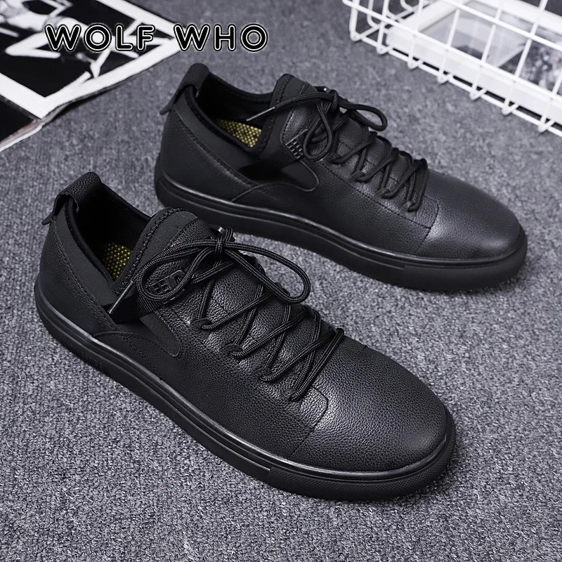 

WOLF WHO 2019 New Vintage Style Casual Shoes Men Breathable Leather Black Sneakers Male Lace Up Handmade Shoes buty meskie X-158