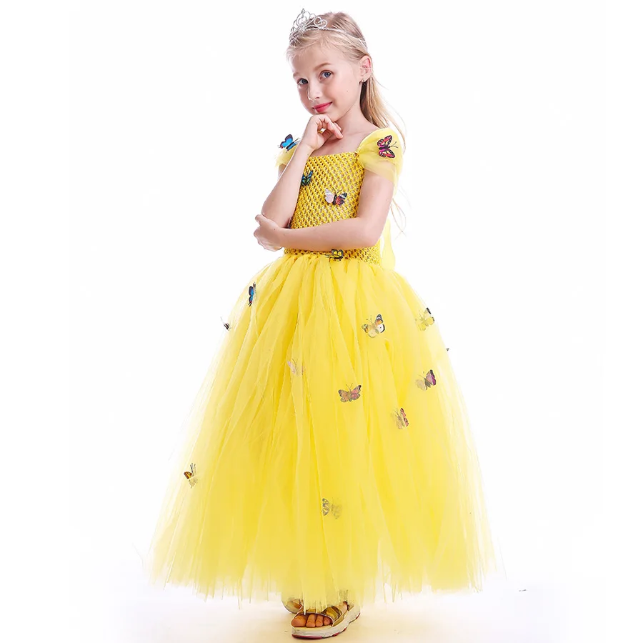 Платье-пачка принцессы Белль для девочек; платье красавицы и чудовища; цвет желтый; бальное платье для костюмированной вечеринки; Детские карнавальные костюмы на Хэллоуин