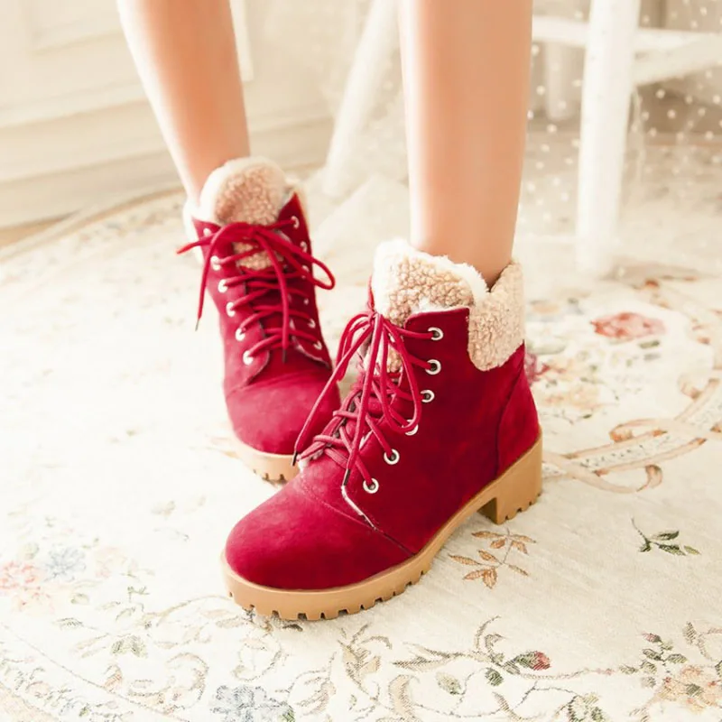 New Arrival Women Boots Scrub Flats Snow Boots Red Lace Up Casual